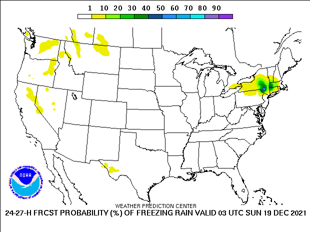 Loop of 3-hour probability of freezing rain forecasts valid from 00Z December 19, 2021 through 00Z December 20, 2021